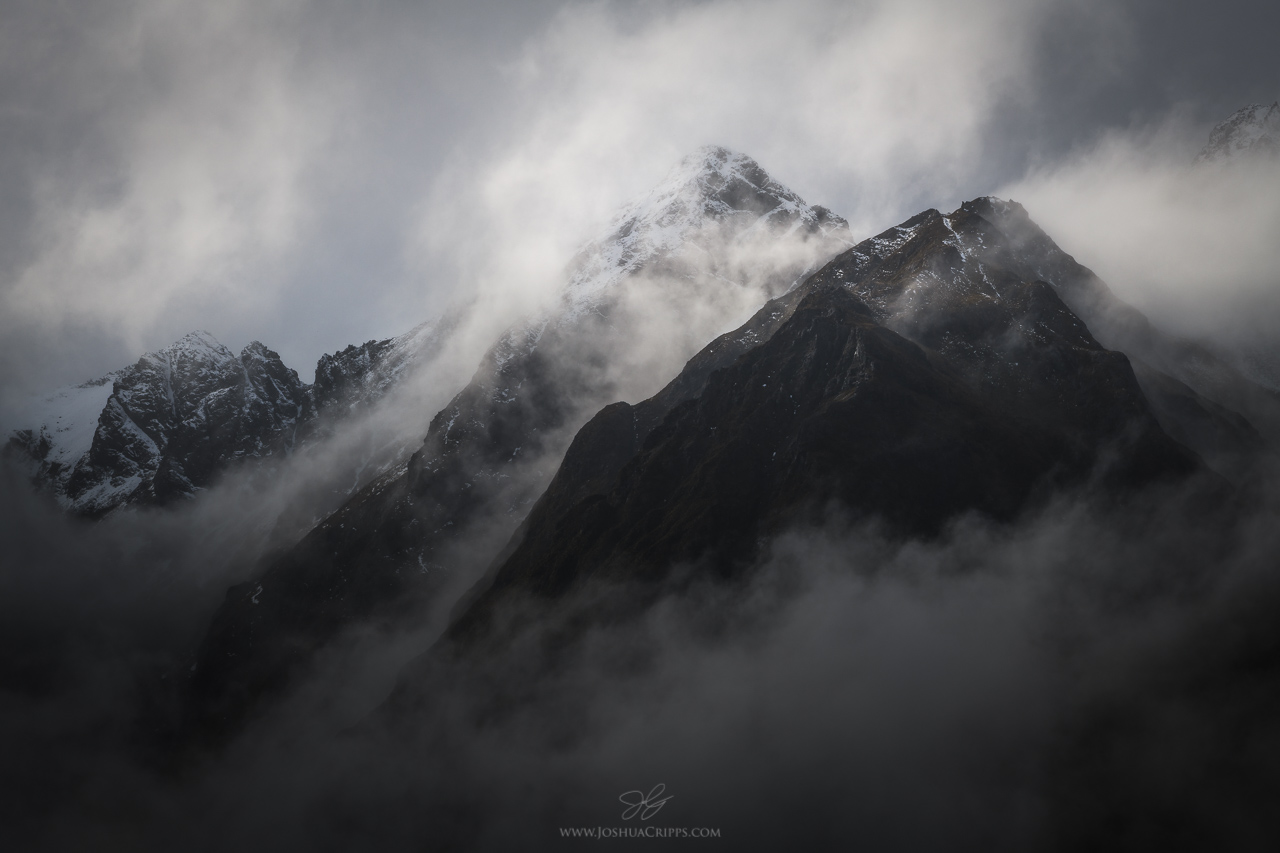 A few of the smaller peaks of the Eglinton Valley emerge from the afternoon rains.